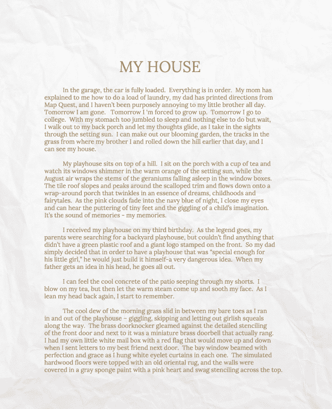 Page 1 of 4 of Alyssa's letter describing her memories of first playhouse.