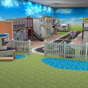 Computer-rendered image of The Town pre-designed play village showing a street with two rows of playhouses and play vehicles.