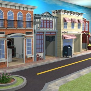 An imaginative play village with a cafe, animal hospital, market, fire station, and camper.