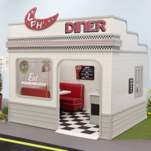 The Main Street Diner, a retro diner-themed playhouse for businesses with play areas featuring checkered flooring, a child-sized red booths, and drive-through window.