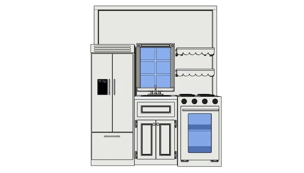 3D computer generated sketch of child-sized kitchen for residential playhouse. Includes shelves.