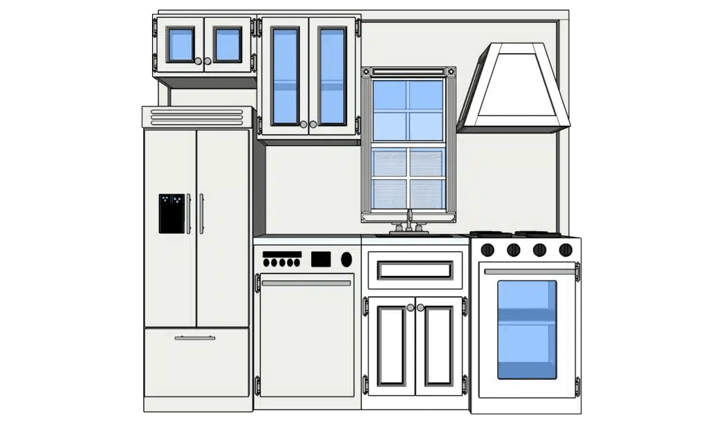 3D computer generated sketch of child-sized kitchen for residential playhouse. Includes refrigerator, dishwasher, oven, and sink.