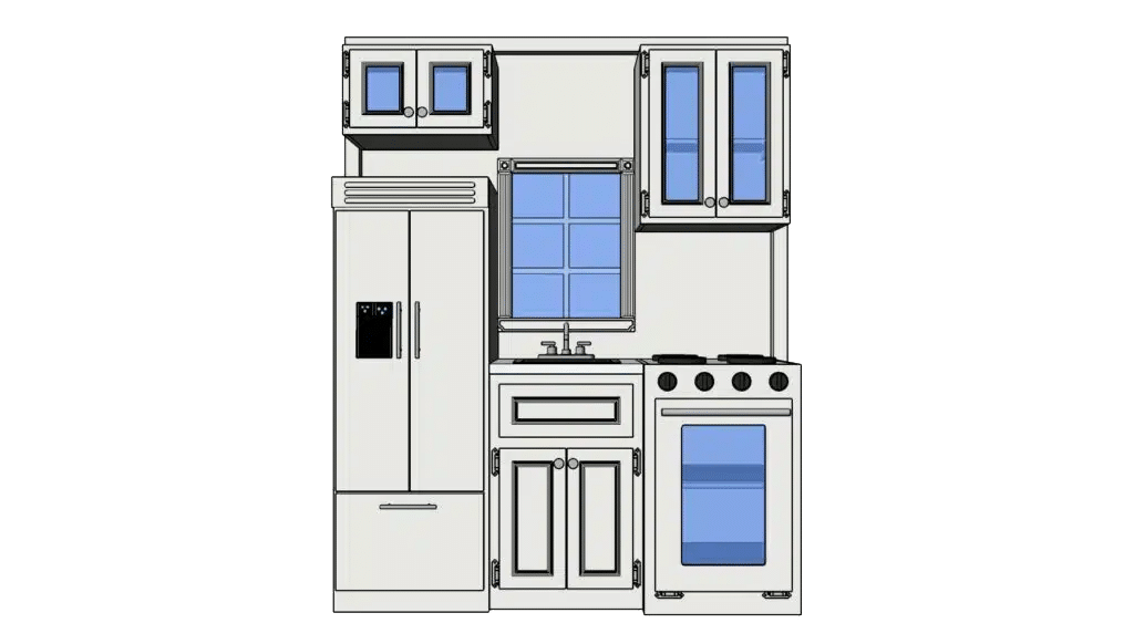 3D computer generated sketch of child-sized kitchen for residential playhouse. Includes sink, windows, and cupboards.