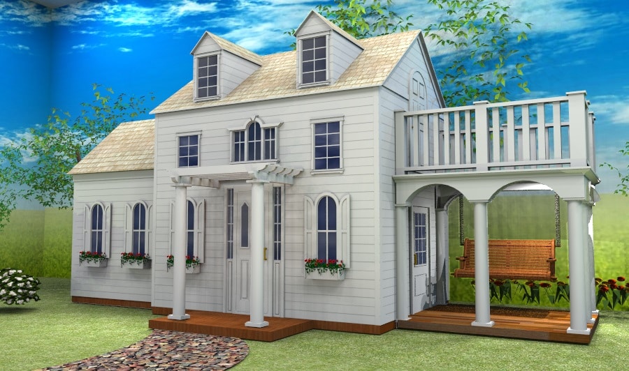 A rendering of a small white play house with a front porch, flower boxes under the windows, an upper balcony, and a wooden swing on the side.